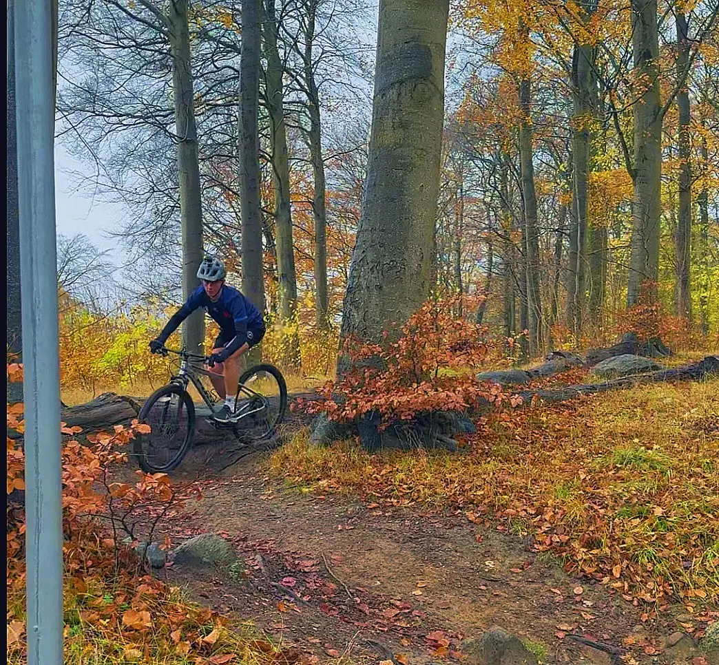 Dreng cykler på mountainbike rundt i et sving i skoven